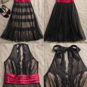 BCBGMAXAZRIA Black Lace & Tulle Dress with Red Satin Waist – Size 2
